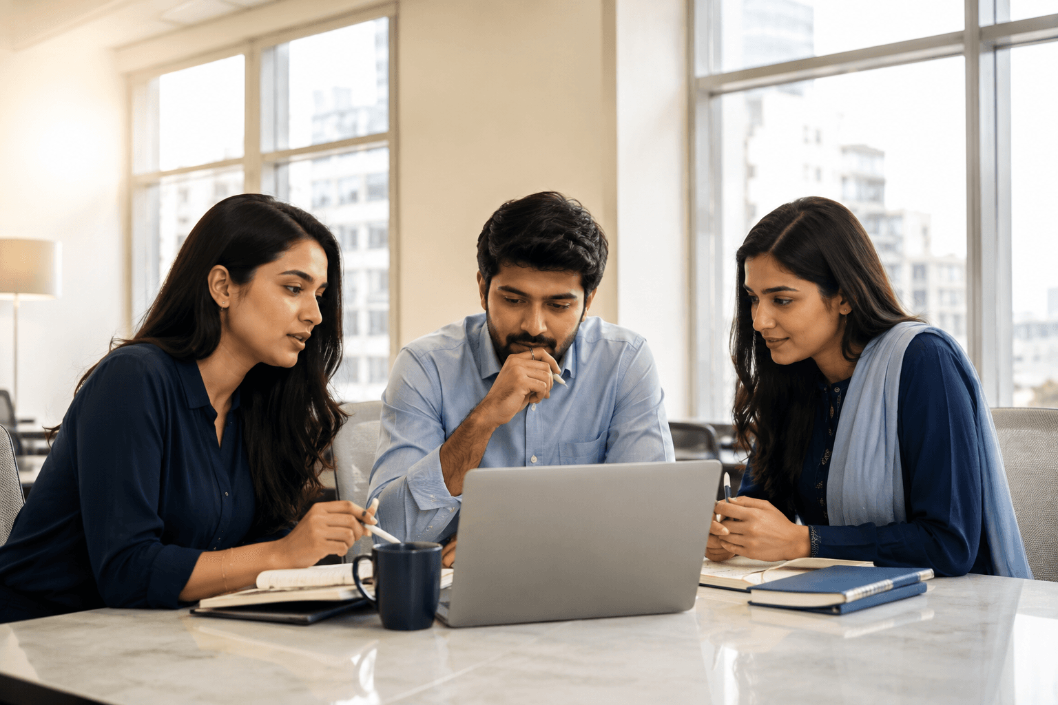 Team of professionals collaborating around a laptop in a modern office
