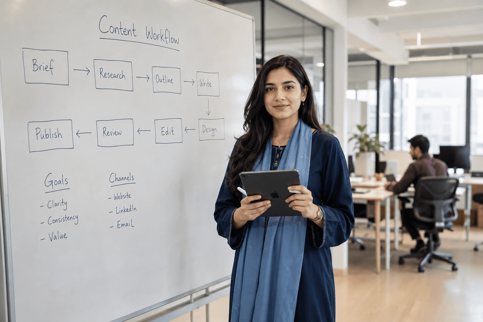 Professional presenting a content workflow on a whiteboard